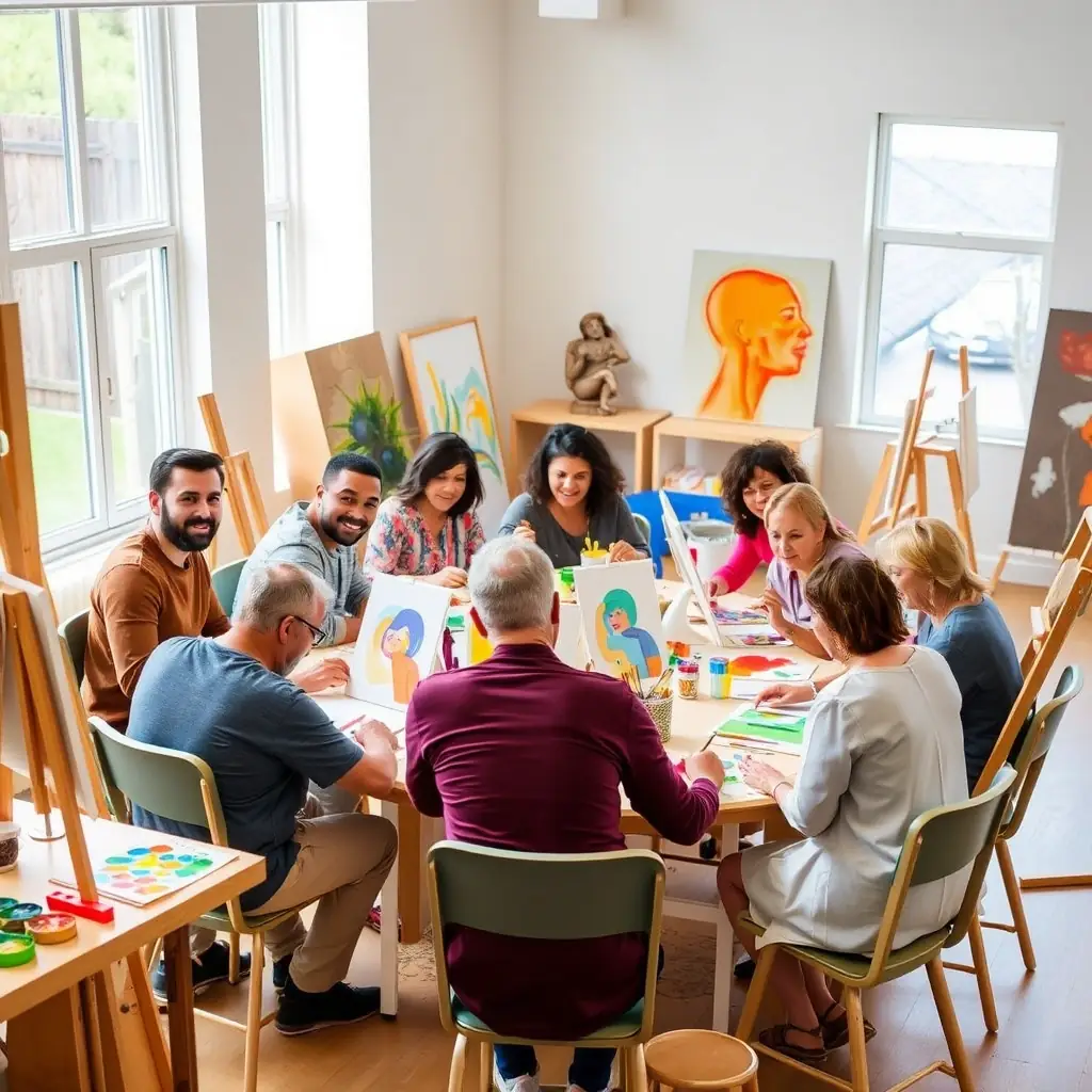 A diverse group of people participating in an art workshop, painting and creating together in a bright and welcoming studio environment. The scene should convey collaboration, creativity, and a sense of community.