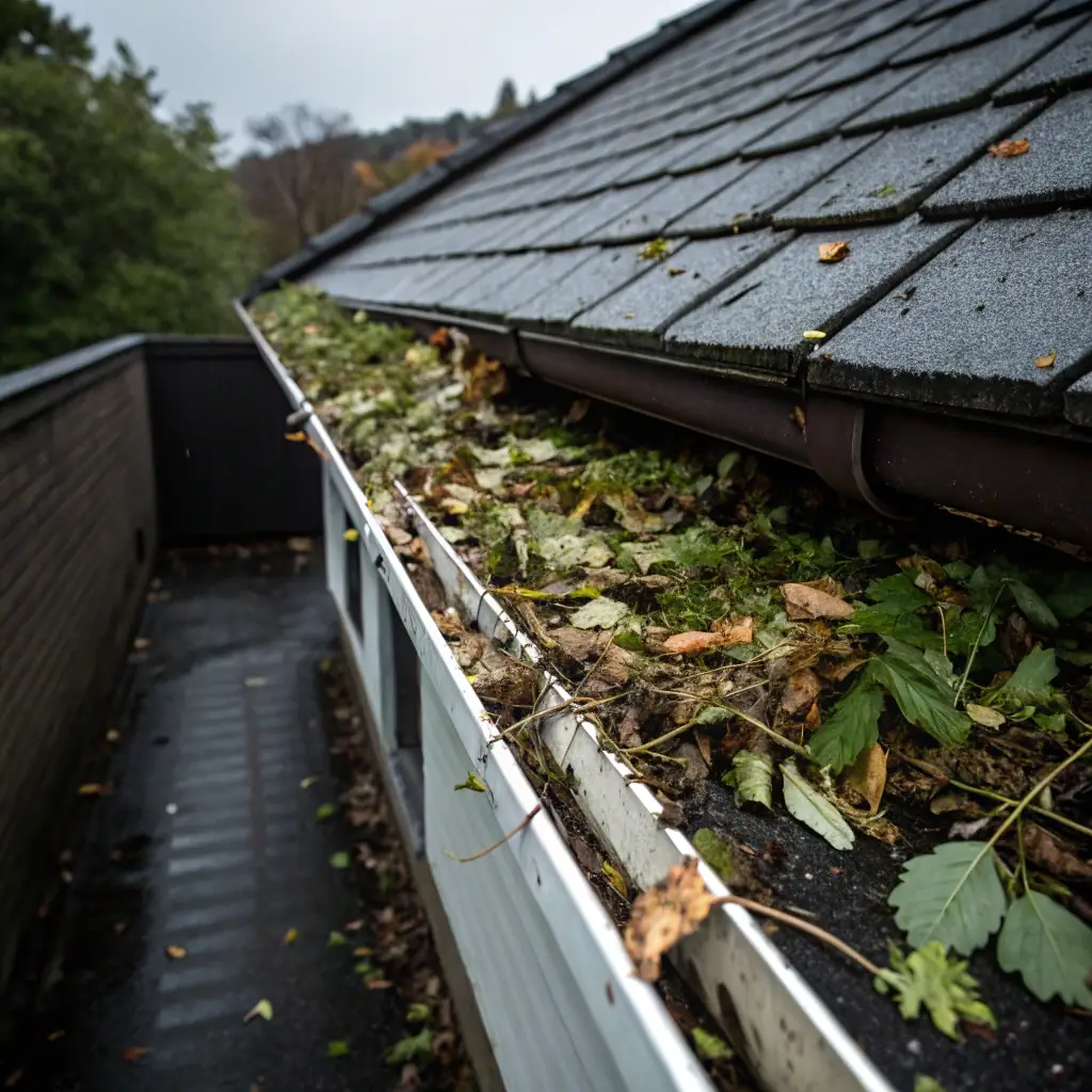 A close-up shot of overflowing gutters with water damage to the side of a house, emphasizing the need for gutter cleaning services in Warwickshire.