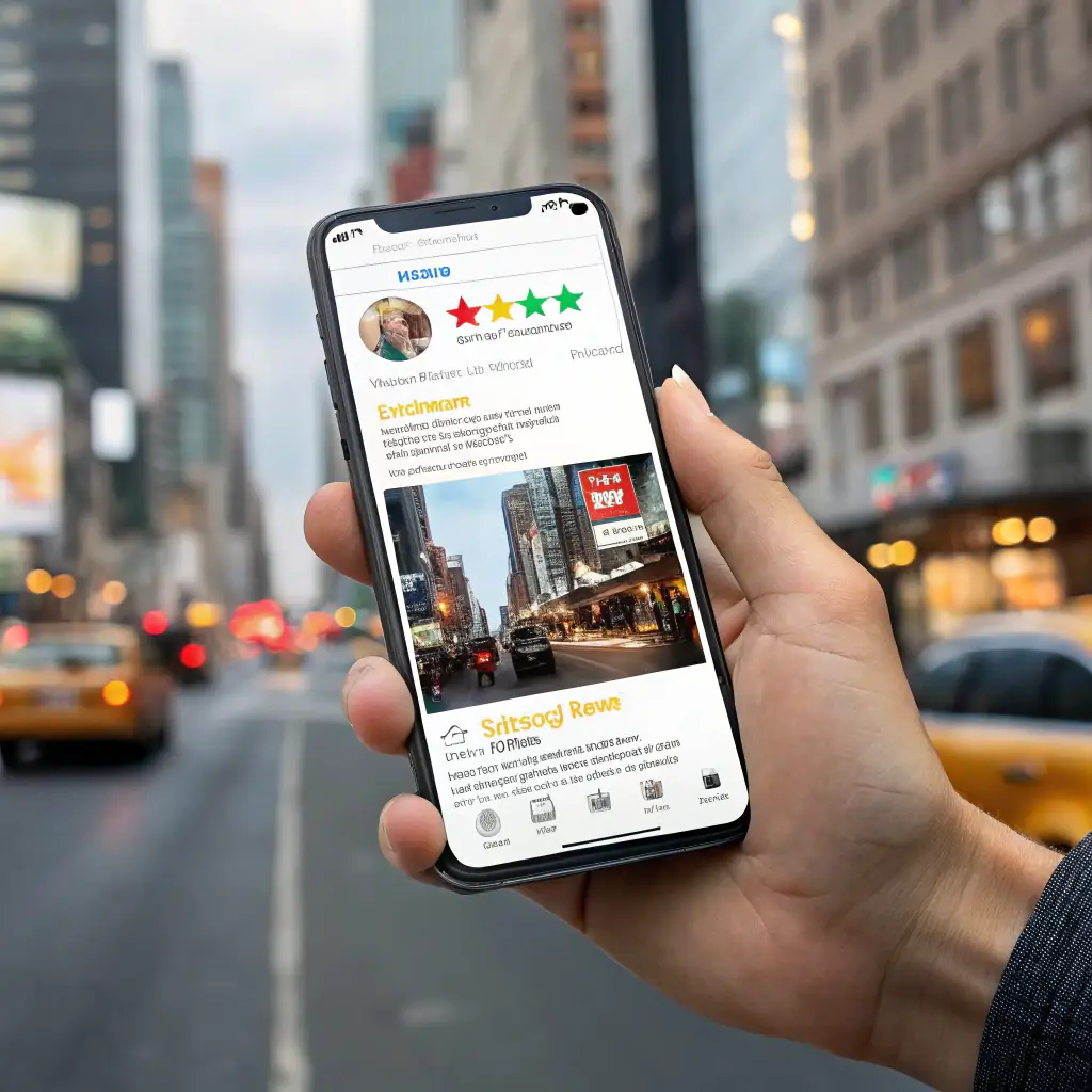 A close-up shot of a Google Business Profile listing on a mobile phone, showcasing positive reviews and a high star rating. The background is blurred to keep the focus on the listing.