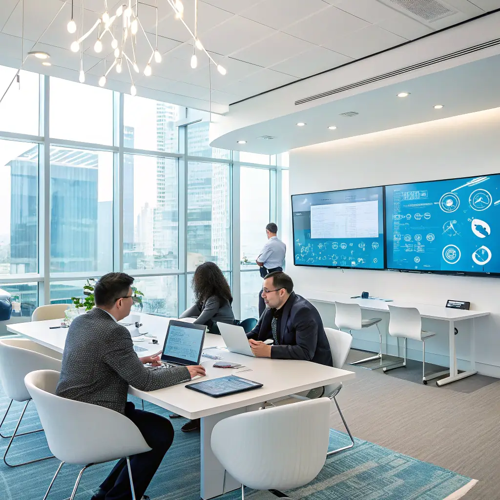 A modern, bright office space at US Paper Corp, showcasing employees collaborating on a project with sustainable paper products in the background.
