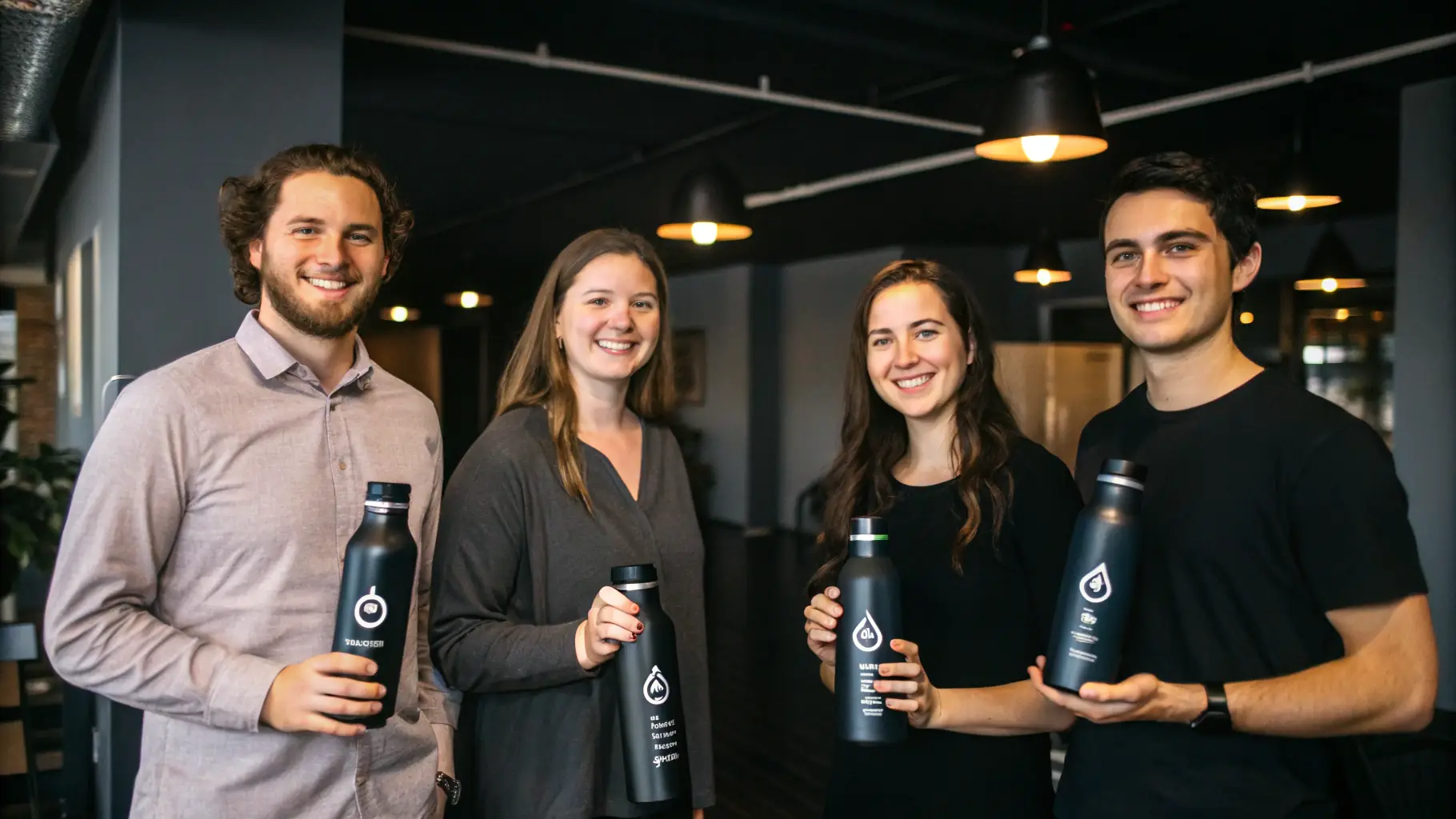 A group of colleagues in a modern office happily using a Sorgenys water purifier during a break, with natural light streaming through the windows.
