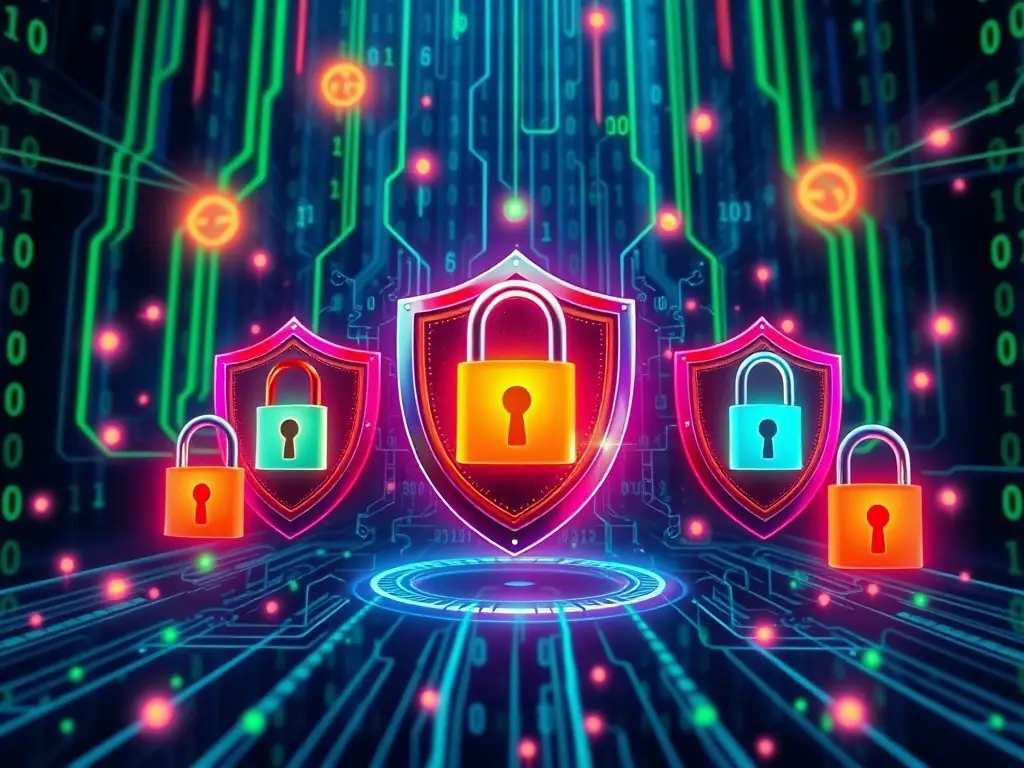 A digital fortress protecting data streams, symbolizing advanced web security against cyber threats. The image should convey a sense of safety, innovation, and cutting-edge technology.