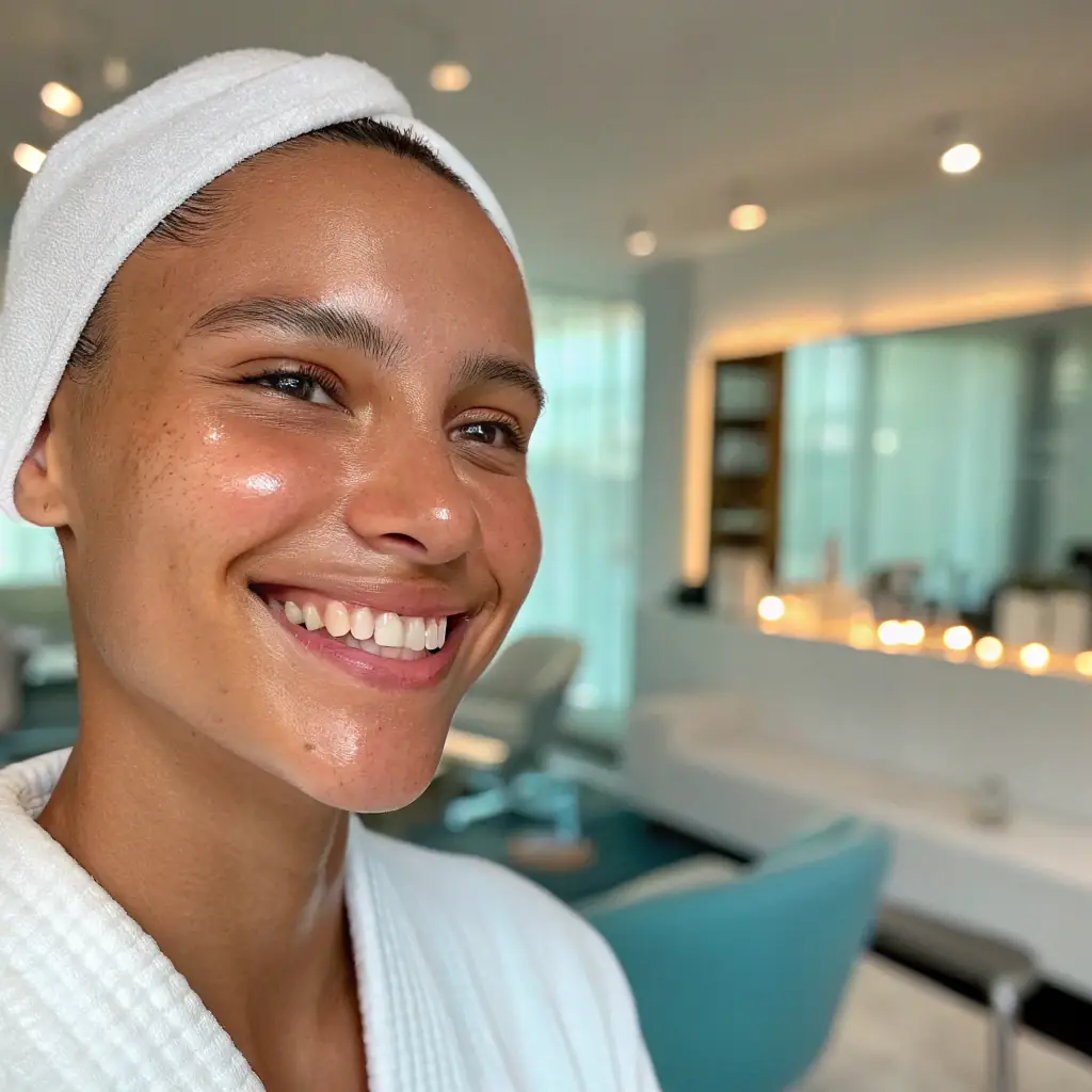 A person with smooth, hair-free skin confidently smiling, showcasing the results of full body laser hair removal. The background is a clean, modern medical spa setting.