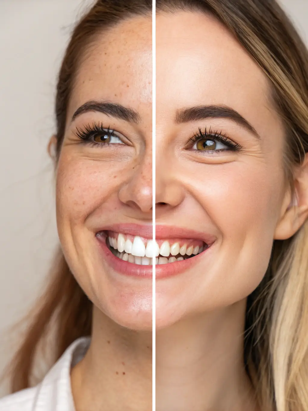 A before-and-after image showcasing a patient's smile transformation with dental crowns and bridges at Sanghvi Face and Dental Hospital. The 'after' image shows a complete, natural-looking smile.