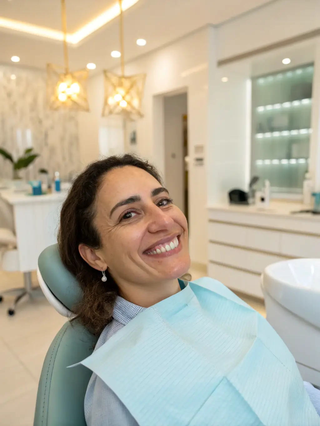 A close-up shot of a patient smiling confidently, showcasing perfectly aligned teeth after undergoing clear aligner treatment at Sanghvi Face and Dental Hospital. The background is a blurred, modern dental clinic setting.