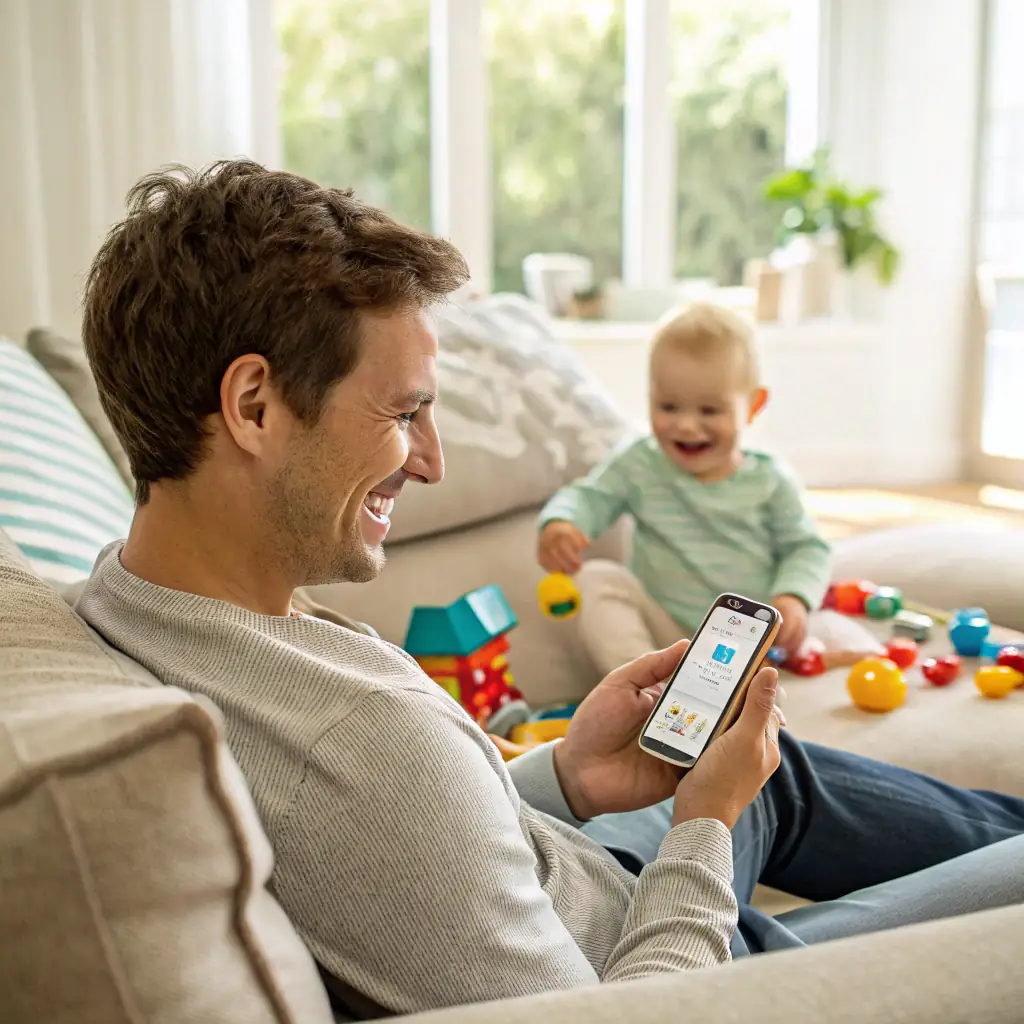 Image of a parent happily using the Baby Bands app on their smart home device to monitor their baby's feeding schedule.