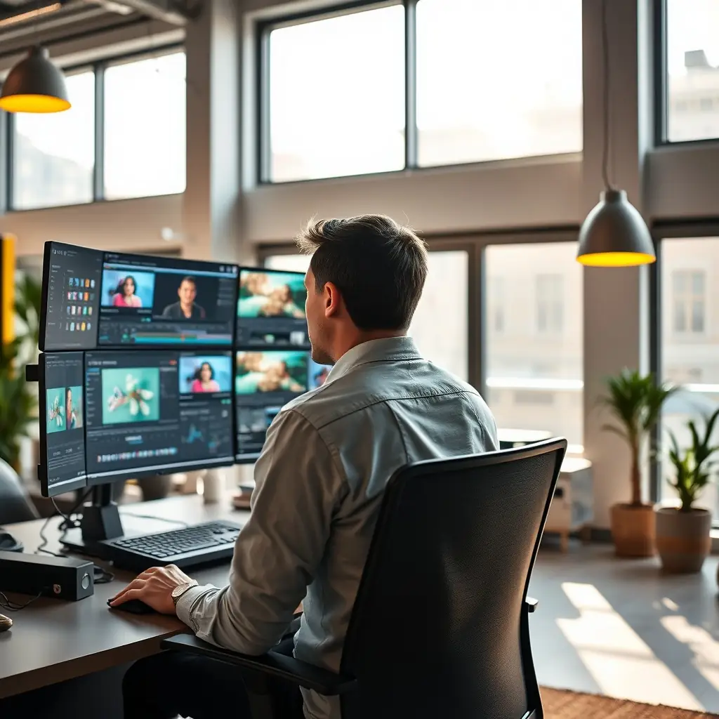 A professional video editor working on a computer, editing footage for an Amazon product video. The scene is well-lit and modern, reflecting the high-quality editing services offered by Amazon Sales Central.