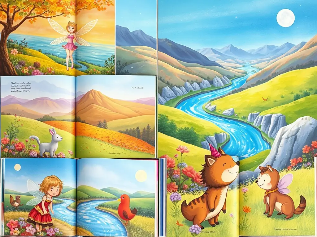 Collage de portafolios de libros infantiles personalizados con ilustraciones vibrantes y personajes mágicos