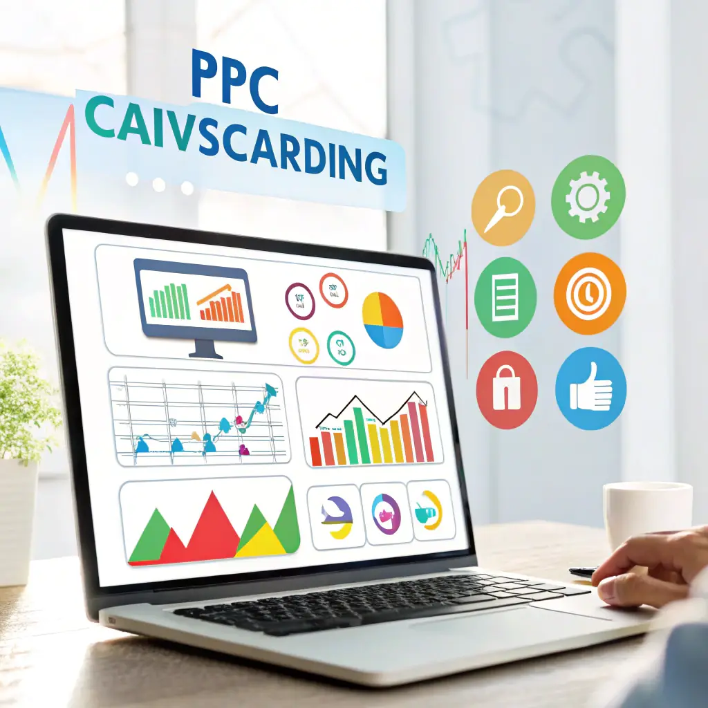 A visually appealing image showcasing a dashboard with PPC campaign metrics, highlighting positive trends and ROI for digital product sales. The image should convey data-driven success and the effectiveness of PPC advertising.