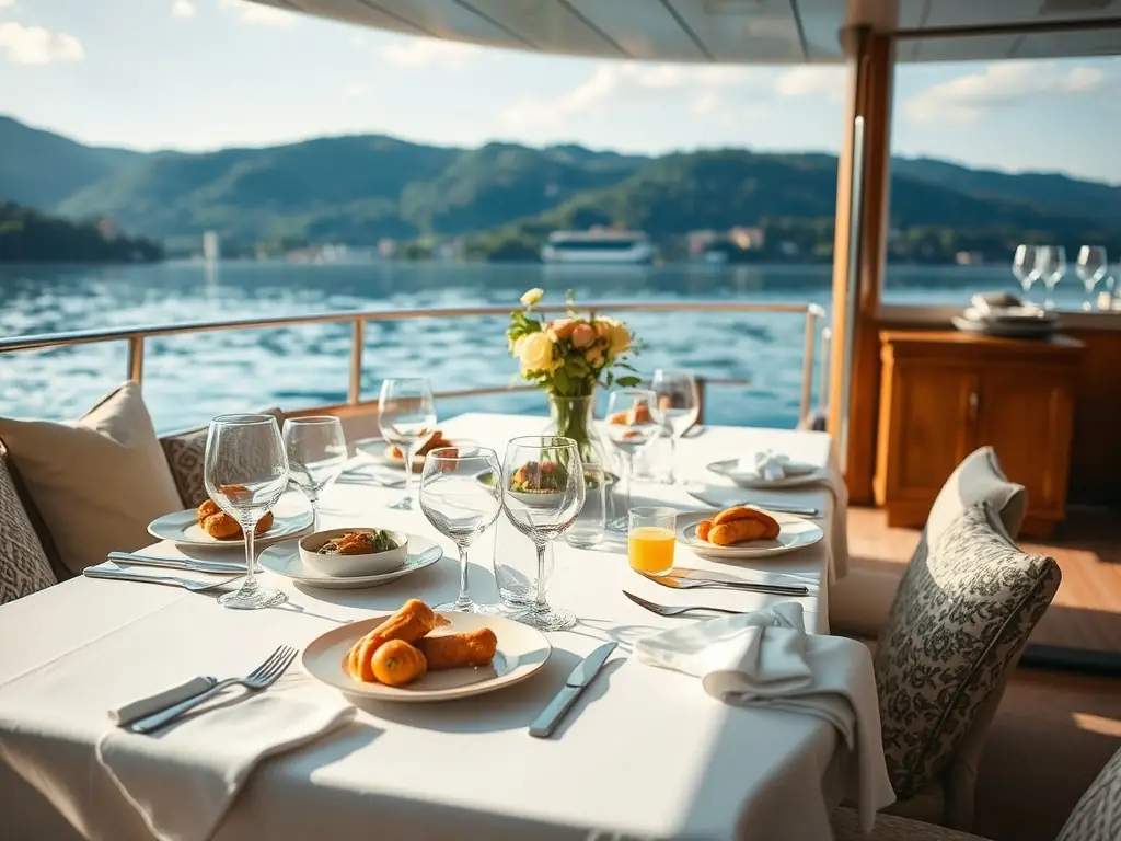 A premium houseboat dining area with a well-appointed table, comfortable seating, and large windows offering scenic views of the water.