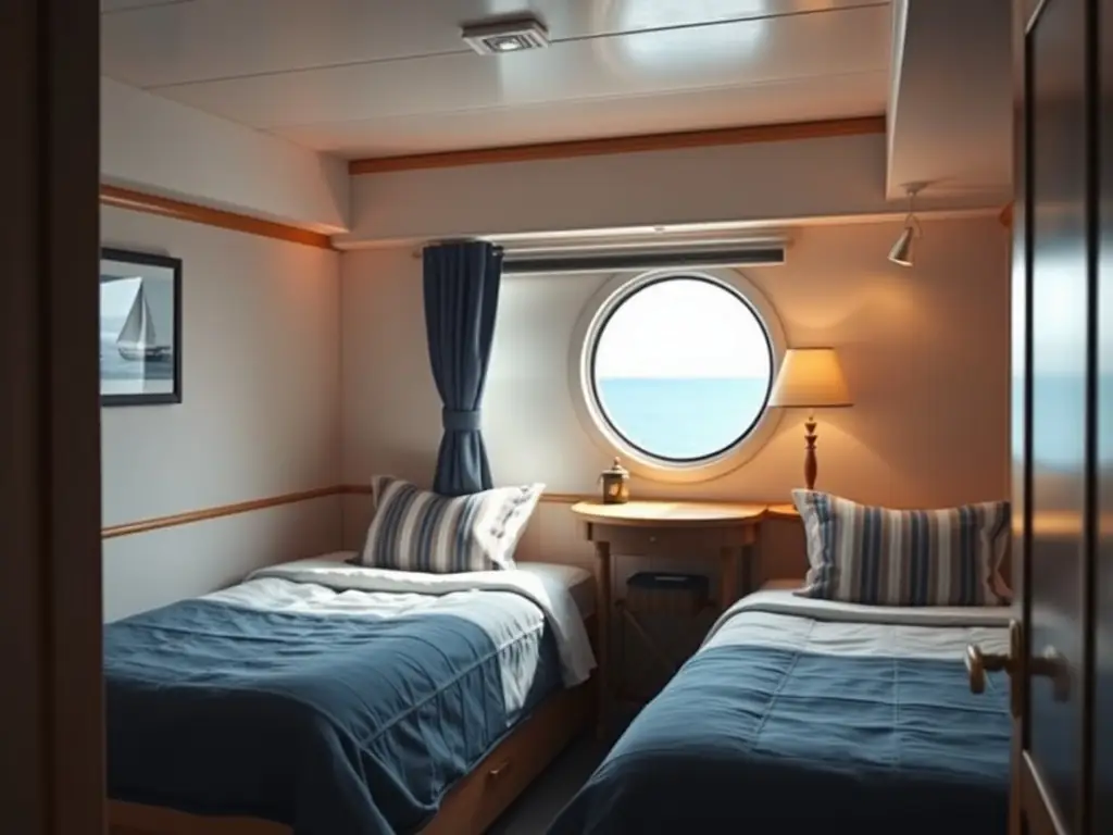 A basic houseboat room with twin beds, simple furnishings, and a small window providing natural light.
