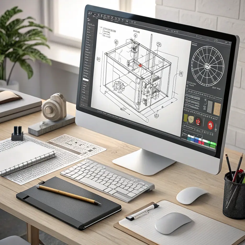 A detailed, high-resolution image showcasing a complex millwork drawing created with Cabinet Vision, highlighting the precision and clarity essential for CNC machining, set in a modern mill shop environment.