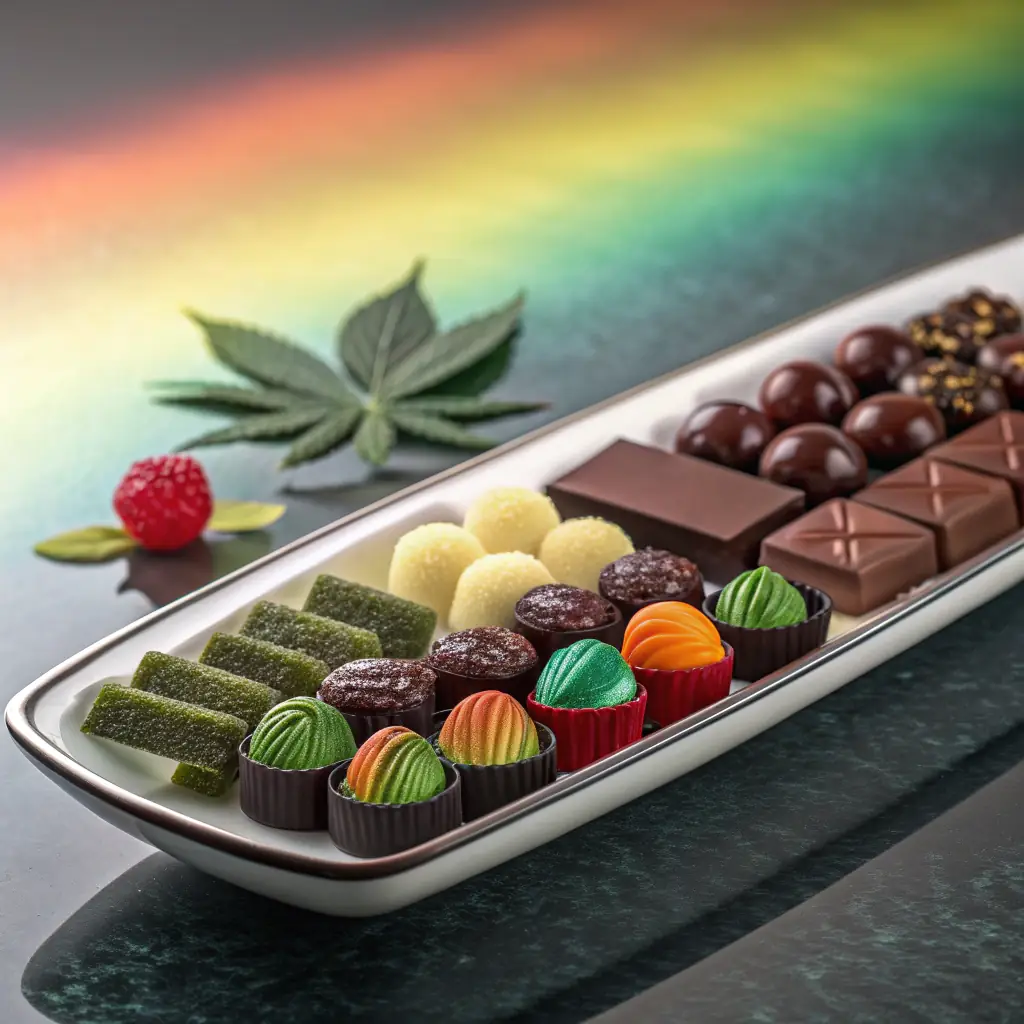 An assortment of cannabis-infused edibles, including gummies, chocolates, and baked goods, arranged on a colorful display.