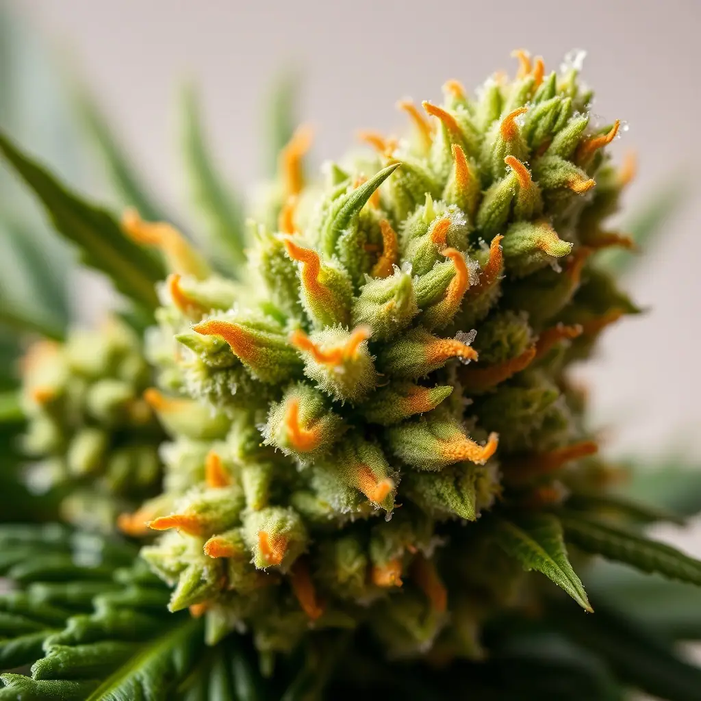 Close-up of vibrant cannabis flower buds with trichomes, showcasing the plant's natural beauty and potency.
