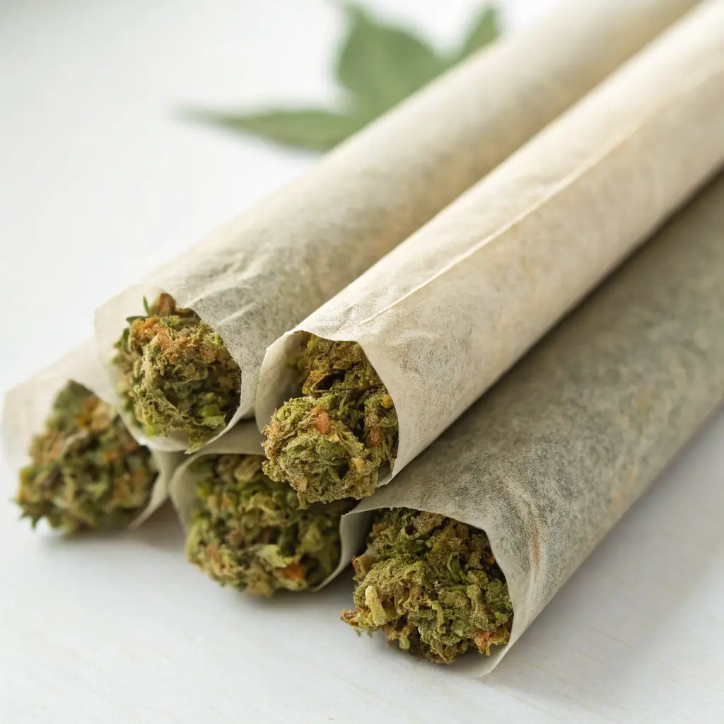 A neatly rolled cannabis pre-roll, ready for use, placed on a wooden surface with a lighter nearby.
