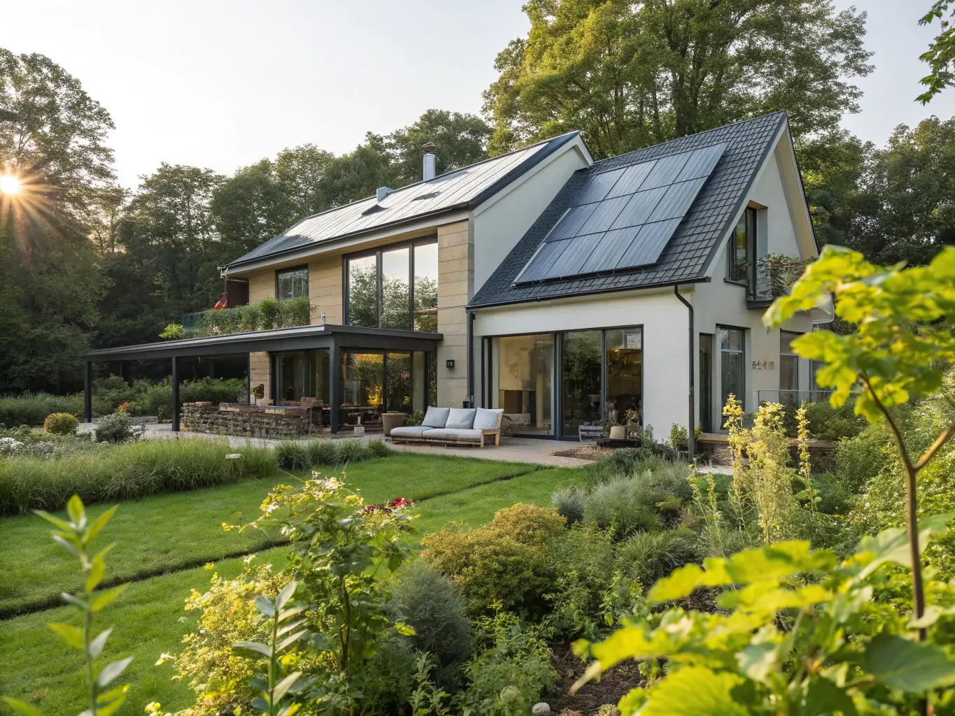A modern family house with large, energy-efficient windows, showcasing a clean and professional design. The image should convey a sense of quality and sustainability, aligning with Bauvision Bau & Energie Bremen UG's focus on energy-efficient solutions.