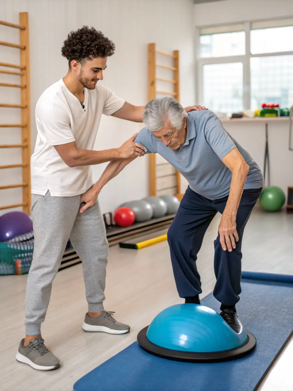 A patient performing balance exercises on a Swiss ball in a physiotherapy clinic, supervised by a therapist, emphasizing neuromotor control.