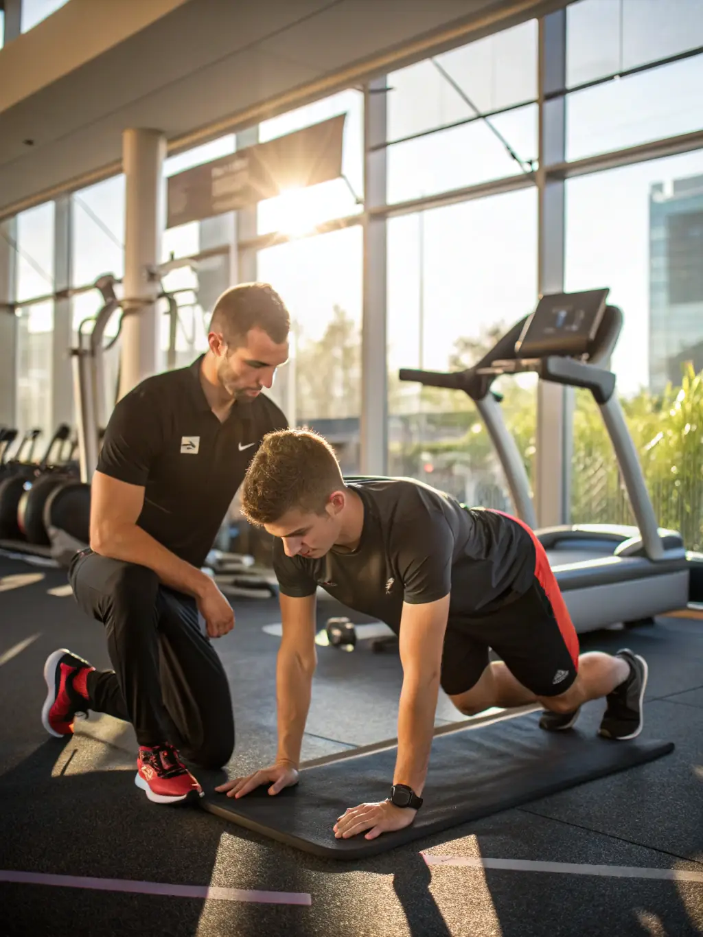 A brightly lit, modern physiotherapy gym with a patient using an adjustable cable pulley system, guided by a physiotherapist, focusing on functional strengthening.