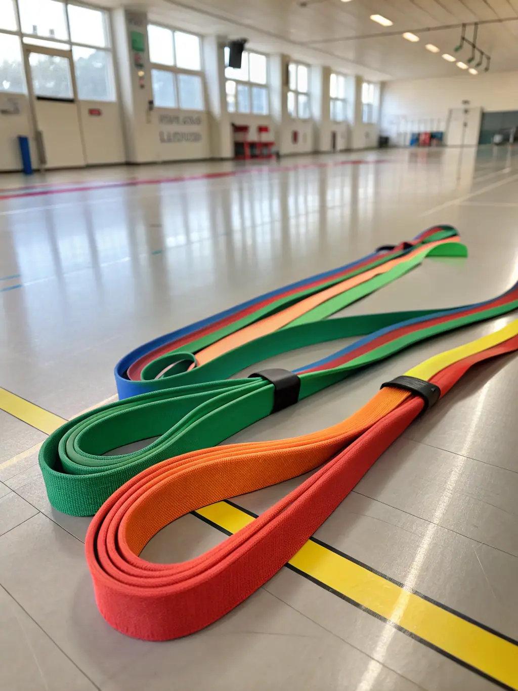 A variety of therapeutic resistance bands displayed in a physiotherapy clinic, showcasing the tools used for variable resistance training and rehabilitation.