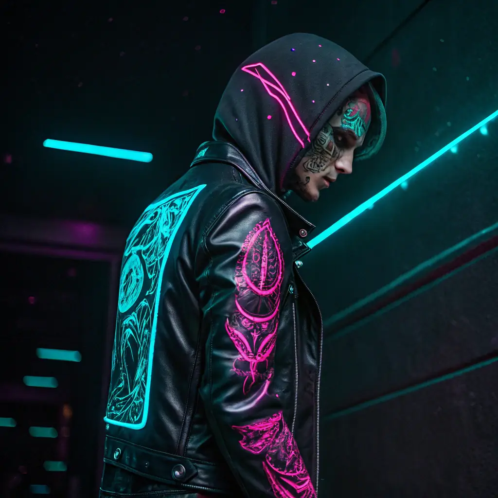 Zara has vibrant purple dreadlocks, multiple piercings, and a holographic projector embedded in her forearm displaying glitch art.