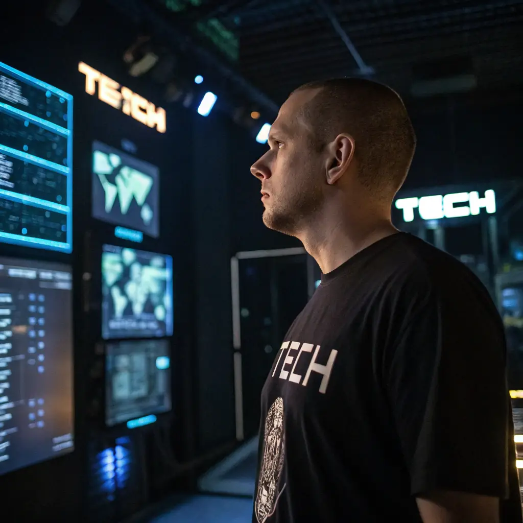 Kenji sports a shaved head with intricate circuit patterns tattooed on his scalp and a high-tech data glove on his left hand.