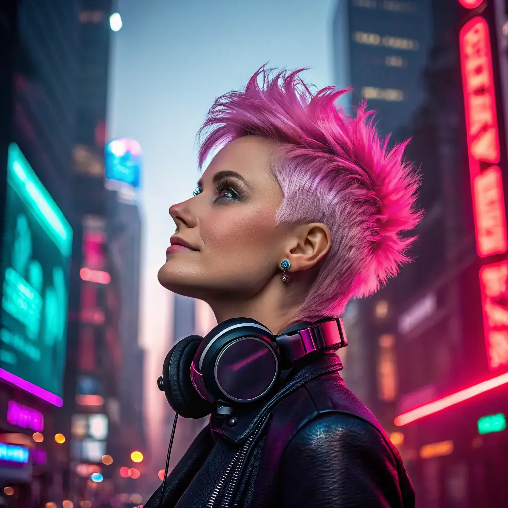 Anya has striking neon pink hair, augmented with cybernetic implants around her temples, and wears reflective goggles.