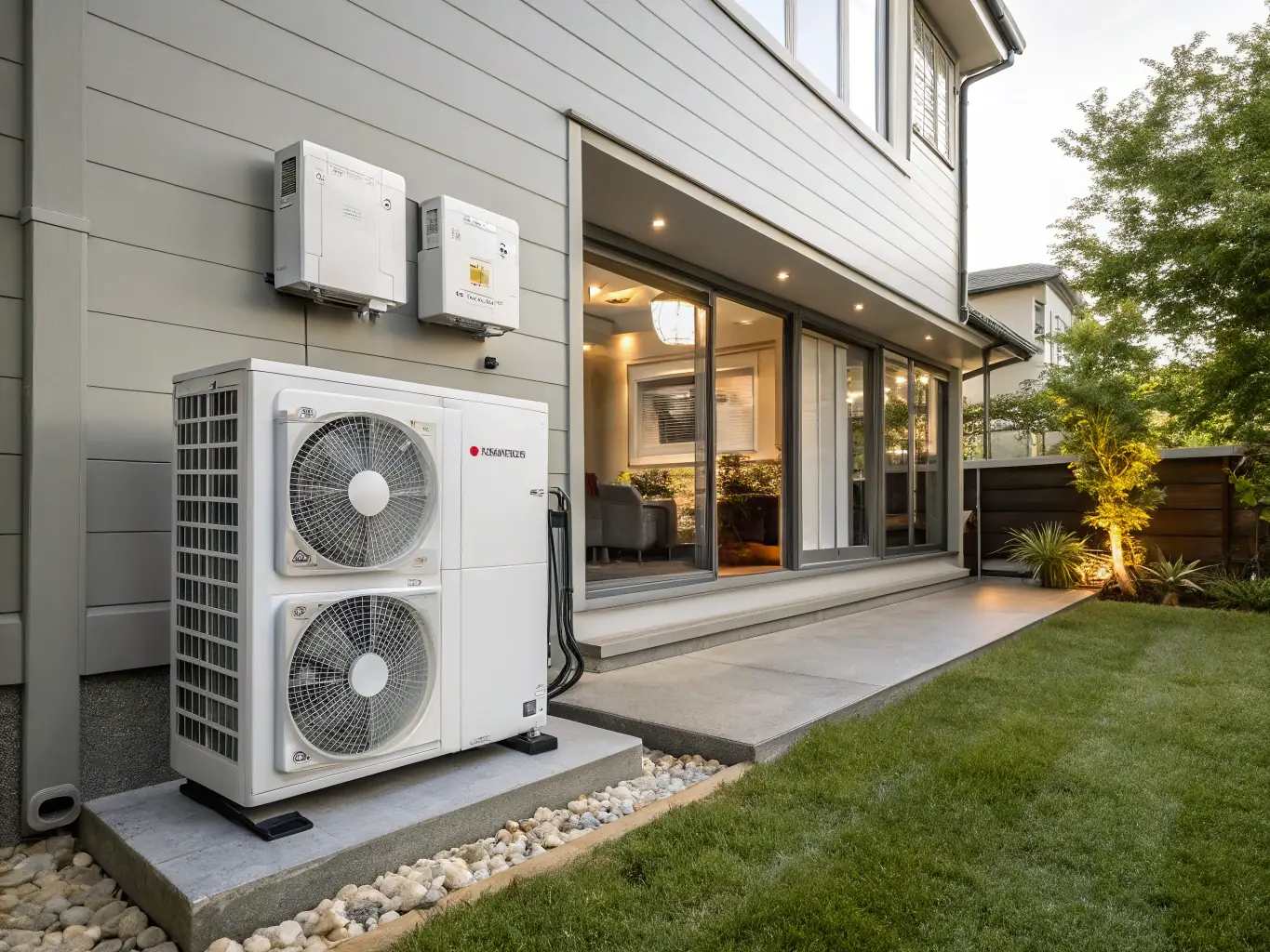 A wall-mounted outdoor unit of an air heat pump on a summer cottage.
