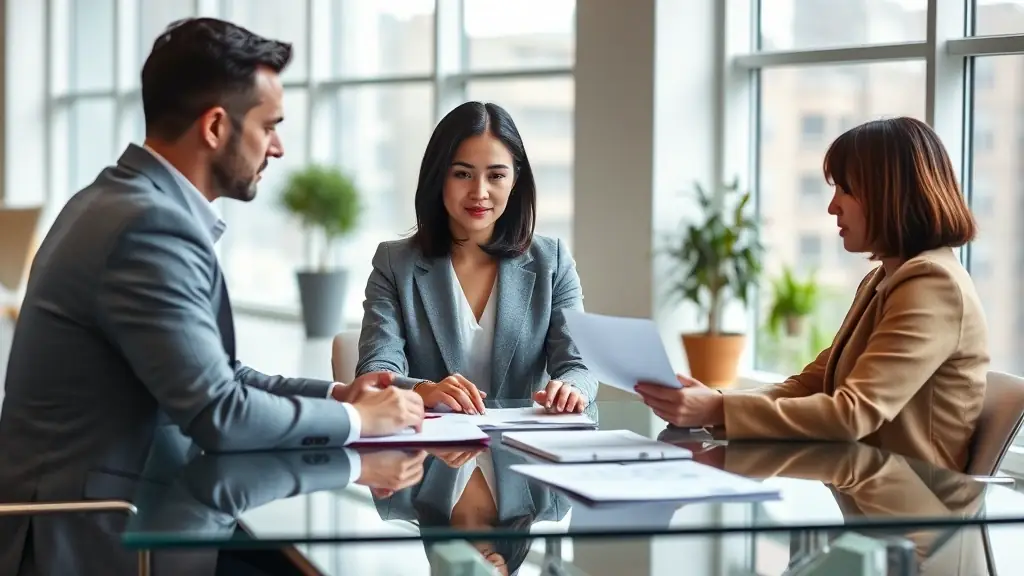 A professional financial counselor providing expert advice to a client in a modern office setting, symbolizing trust and financial security.