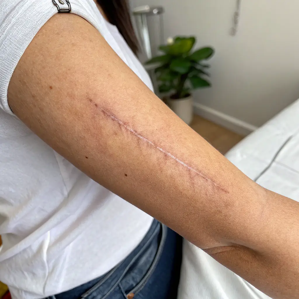 A close-up shot of a woman's arm with a faded scar being treated with a medical tattooing device, showcasing the precision and care involved in the procedure. The background is a clean, modern salon environment.