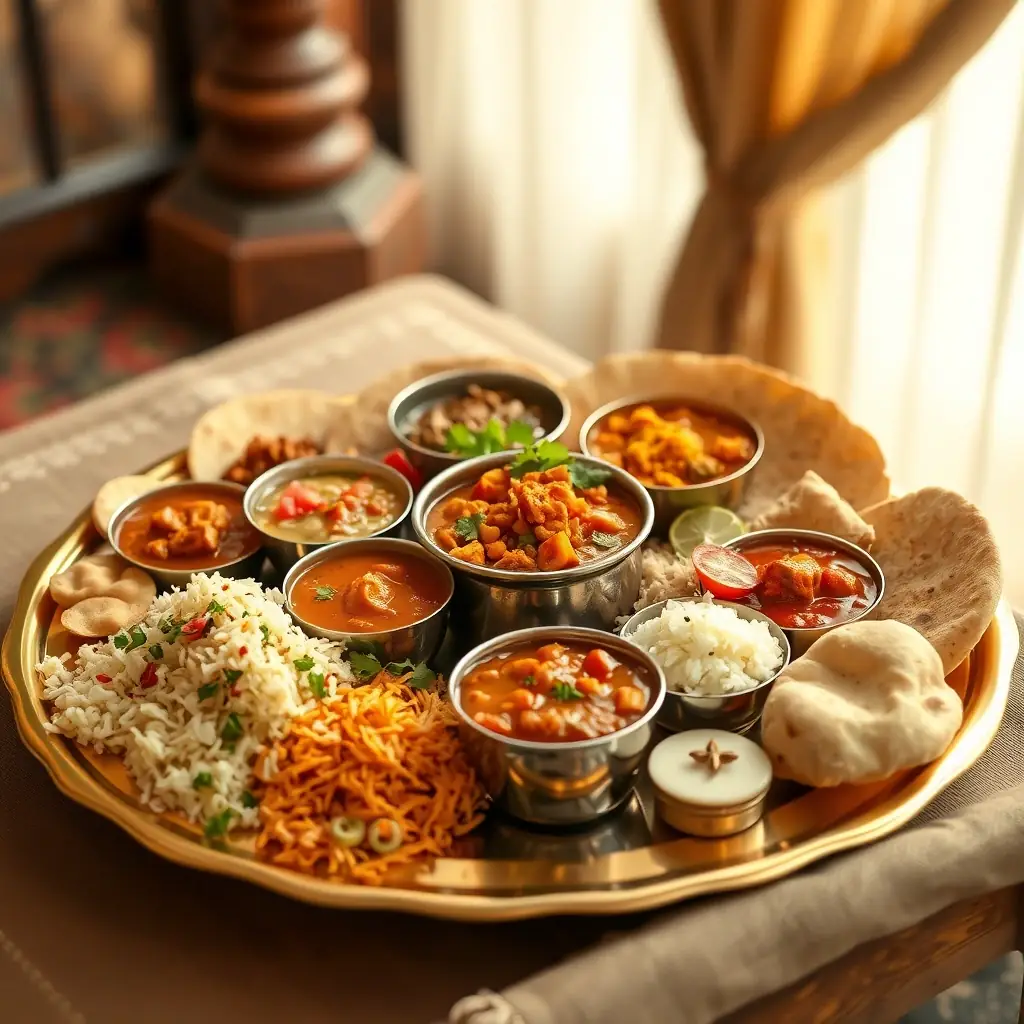 A beautifully decorated thali with traditional Indian dishes prepared for a religious festival, showcasing vibrant colors and fresh ingredients, set in a warm, inviting ambiance.