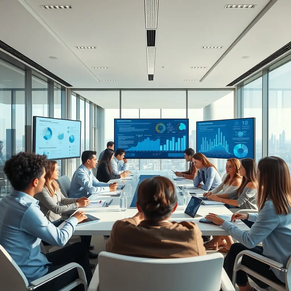 A rooftop meeting in Houston, featuring the Chase building, with executives from Google, Meta, Yahoo, Bing, X, YouTube, and LinkedIn, along with AI teams, robots, gurus, and consultants, all discussing SEO strategies with OmegaQube's R2 and large lighted sun ray Omegacubes.