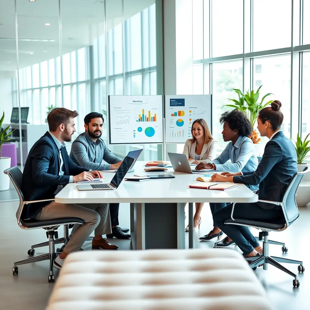 A diverse team of SEO specialists collaborating on a digital marketing strategy, showcasing expertise and teamwork in optimizing website performance and driving online growth for clients in Topclicks company in Armenia.