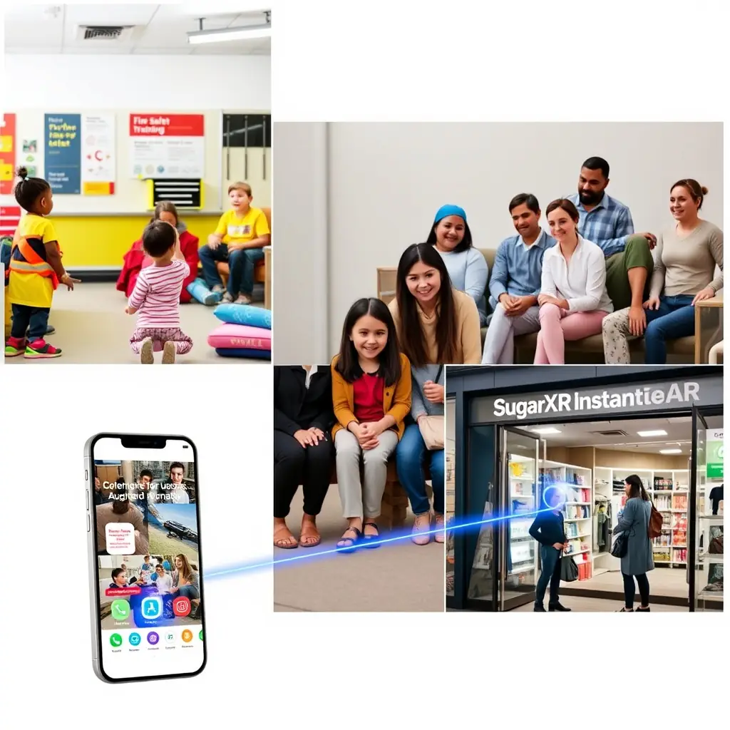 Collage of three photographs depicting a fire safety training scenario with children, a mental health support group session, and a retail storefront with customers interacting with AR displays, all connected by a stylized visualization of the SugarXR InstantAR platform interface on a smartphone screen.