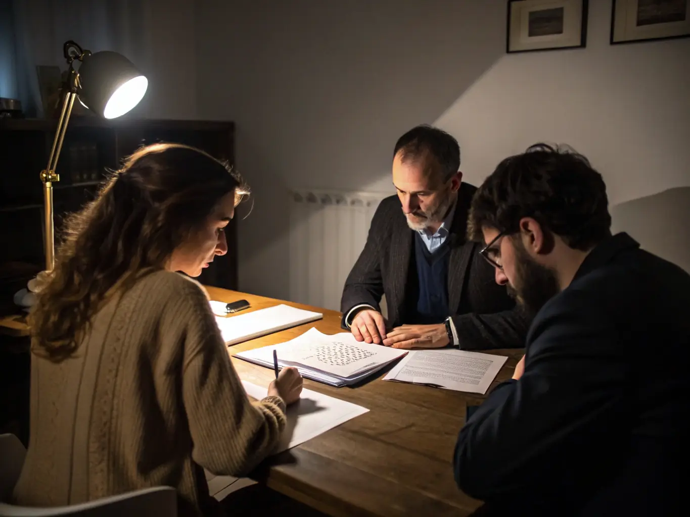 A person handing over legal documents to another person in a dimly lit environment, representing late-night process serving, with a focus on discretion and urgency.