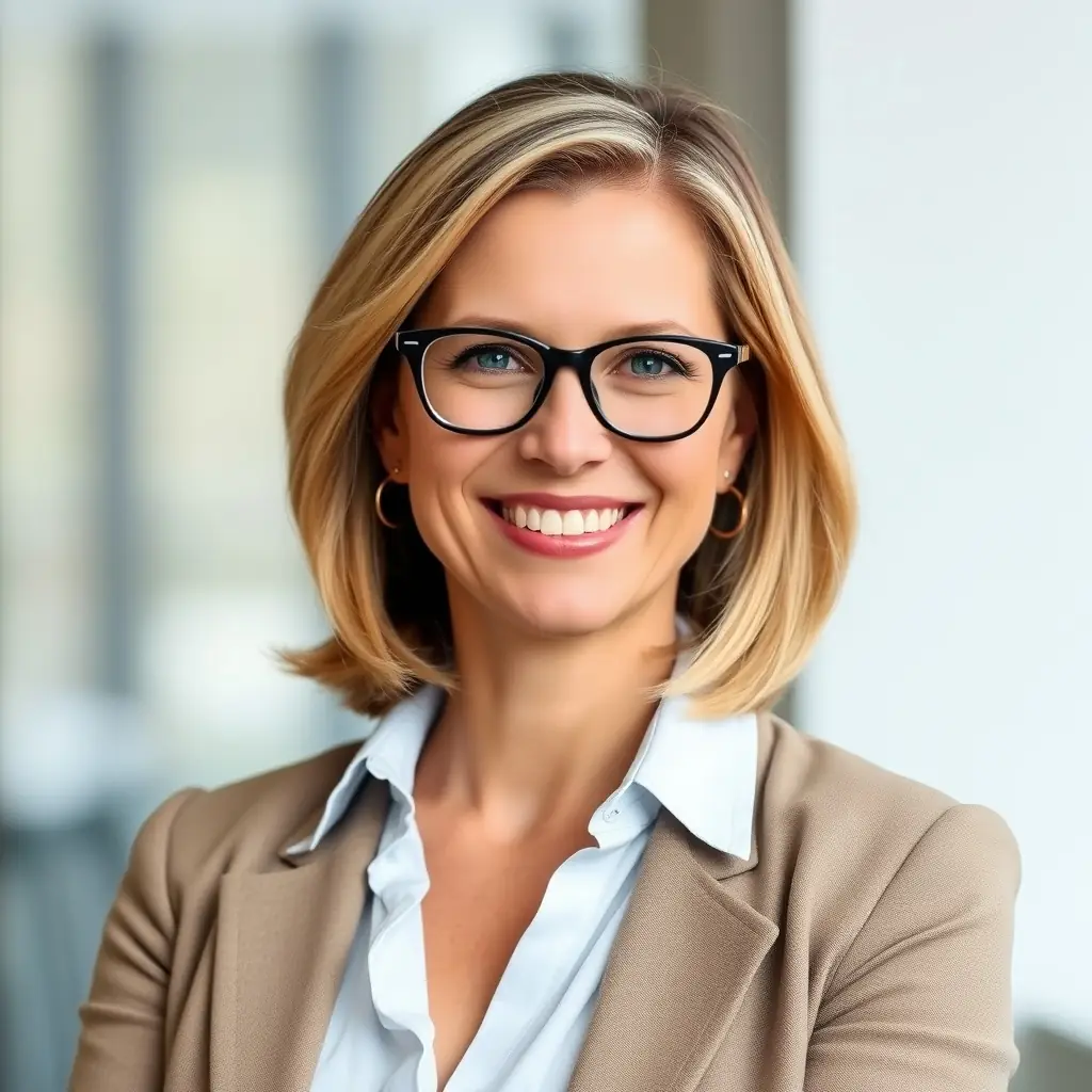 Alice has shoulder-length blonde hair, wears glasses, and has a friendly smile.