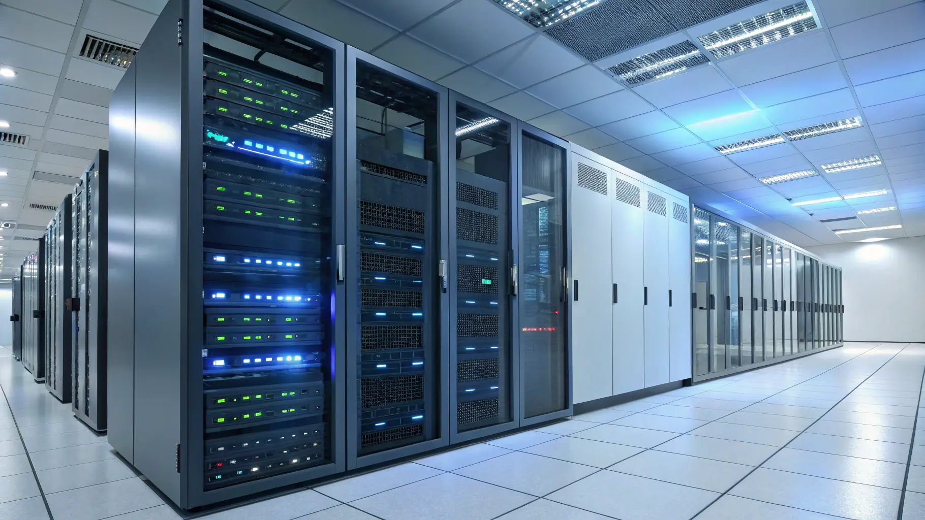 A high-tech data center with fiber optic cables and cloud infrastructure, representing CELINTECH's digital solutions.