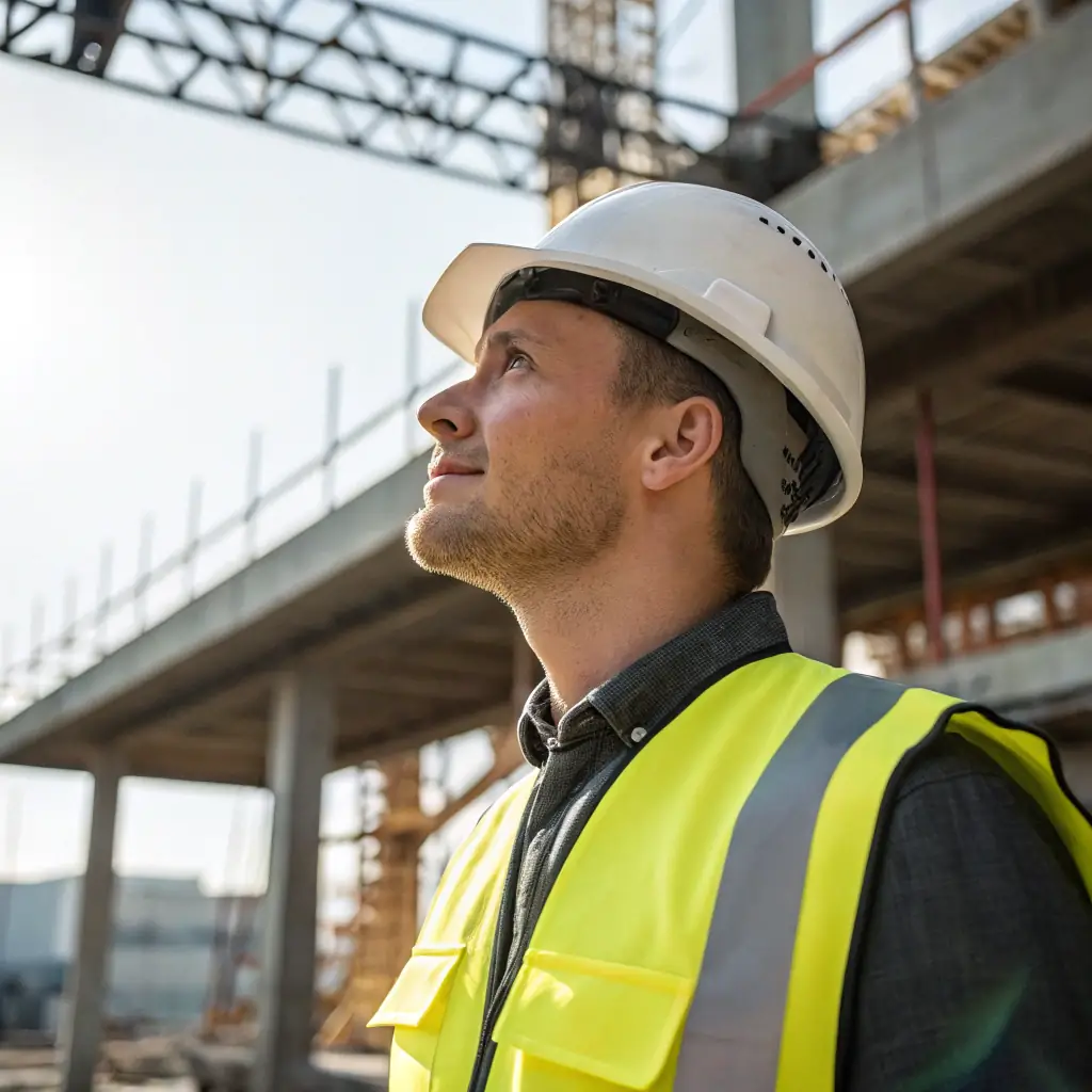 Chukwuemeka is a focused and experienced man with a construction helmet, overseeing a building site.