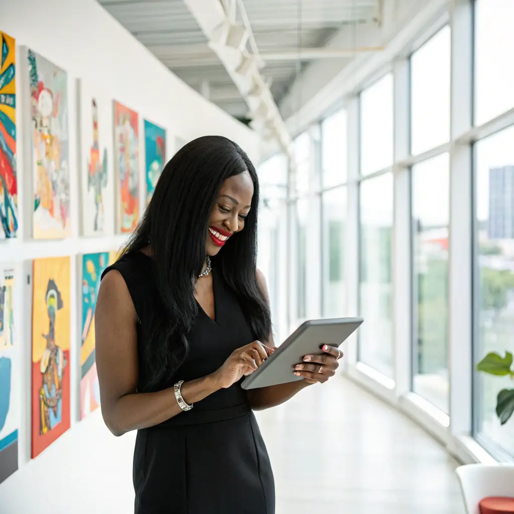 Ngozi is a creative and innovative woman with a tablet, designing marketing campaigns.