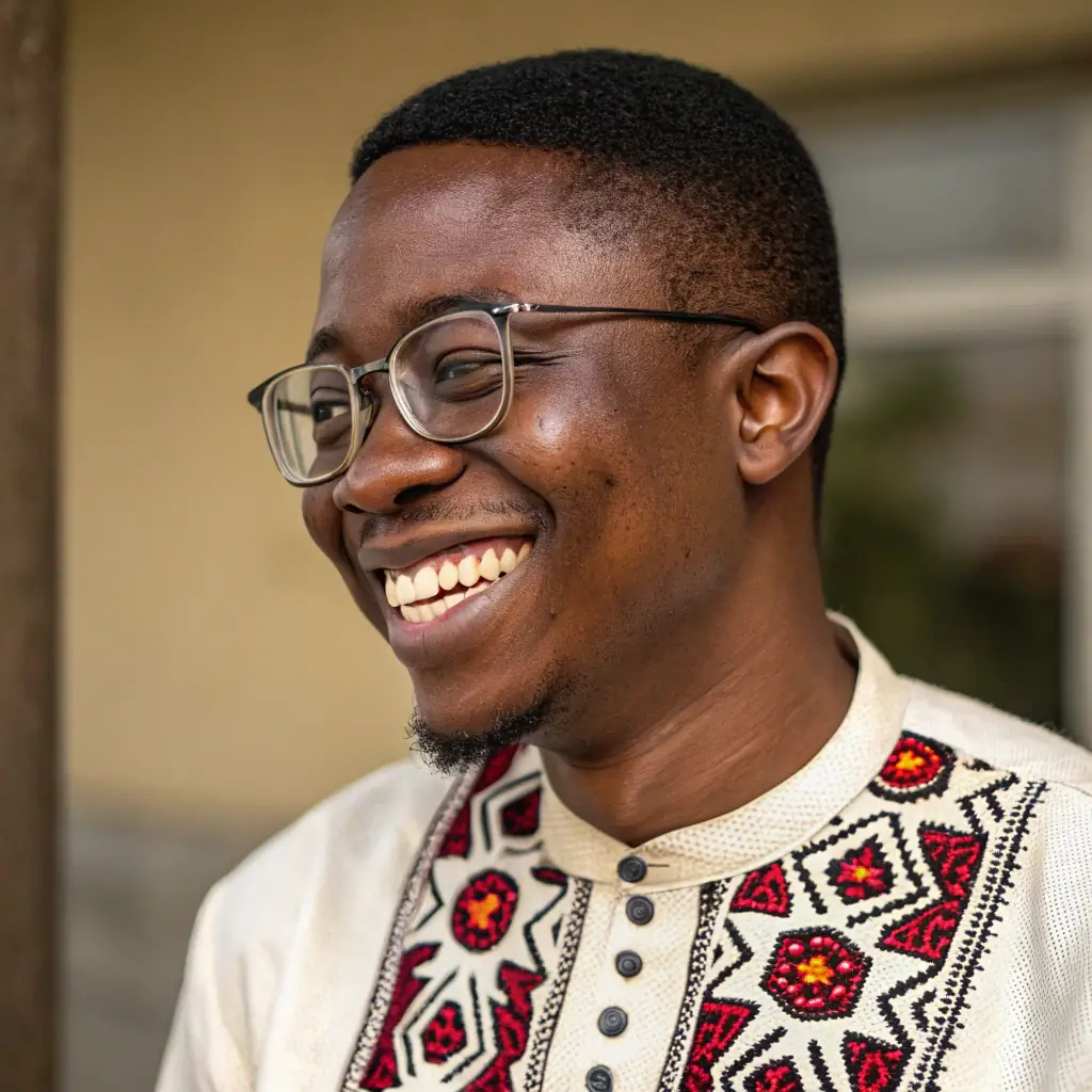 Alhaji Usman is a distinguished gentleman with a warm smile, wearing a traditional Nigerian attire.