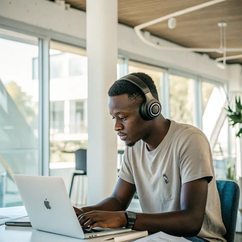 Adekunle is a serious and analytical man with glasses, reviewing financial reports.