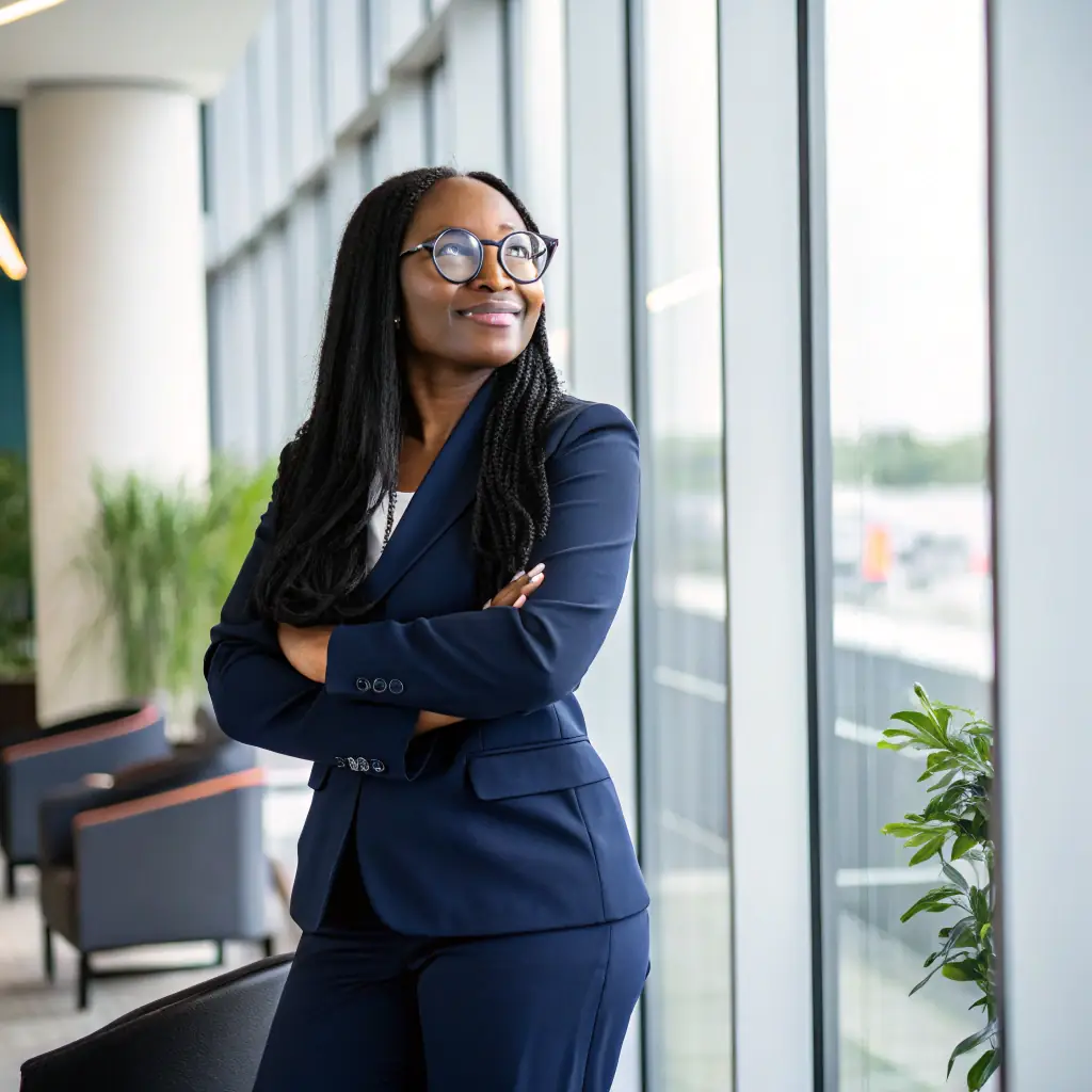 Aisha is a sharp and confident woman with a professional demeanor, wearing a navy blue business suit.