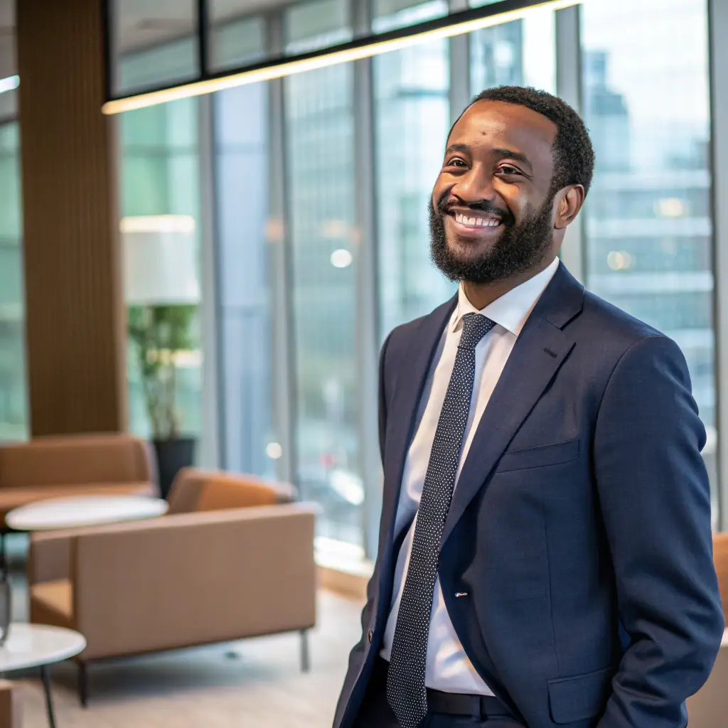 Ibrahim is a knowledgeable and meticulous man with a suit, reviewing legal documents.