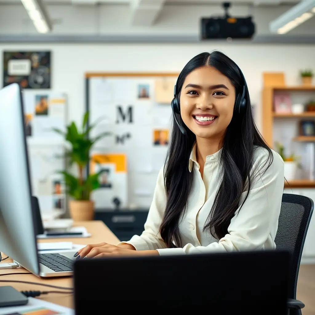 Halima is a friendly and helpful woman with a headset, assisting customers with their inquiries.