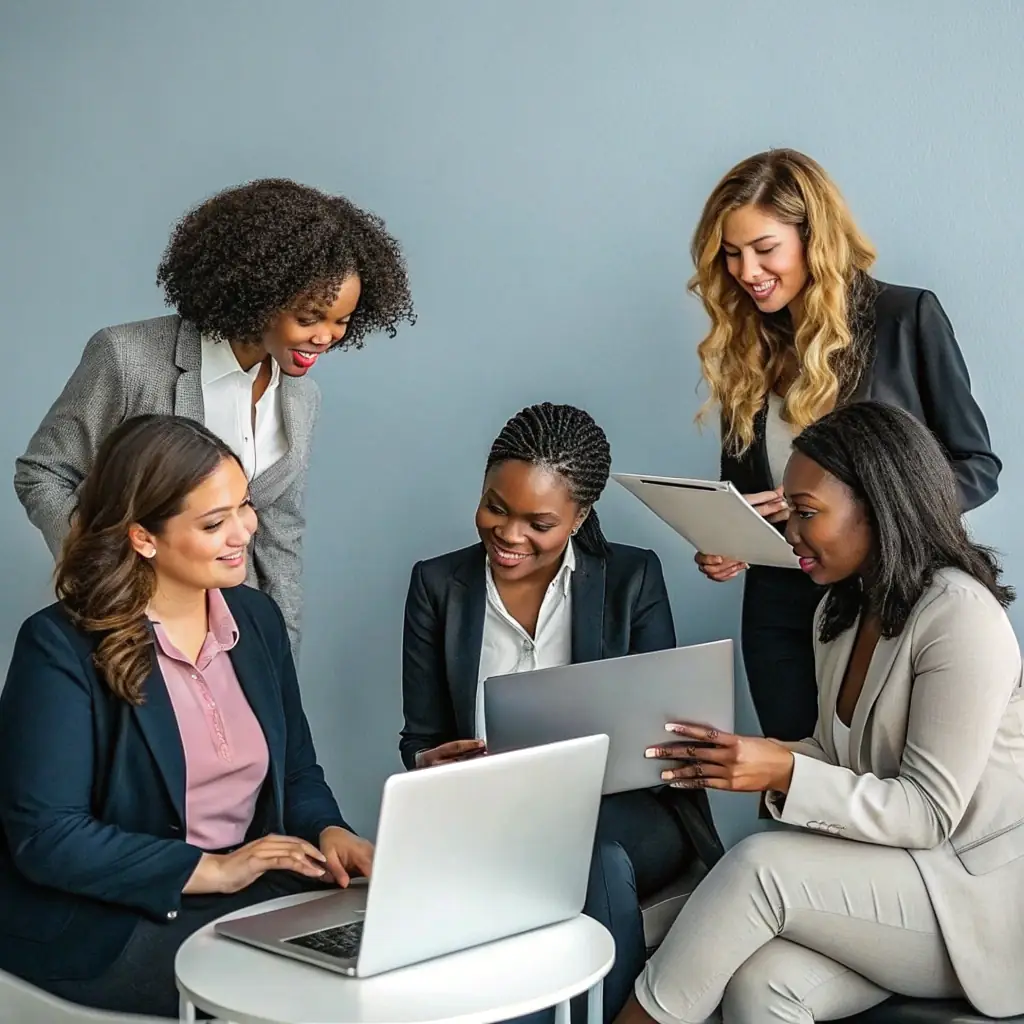 A diverse group of professional women collaborating in a modern office setting, symbolizing empowerment and leadership within BridgesPro Connect.