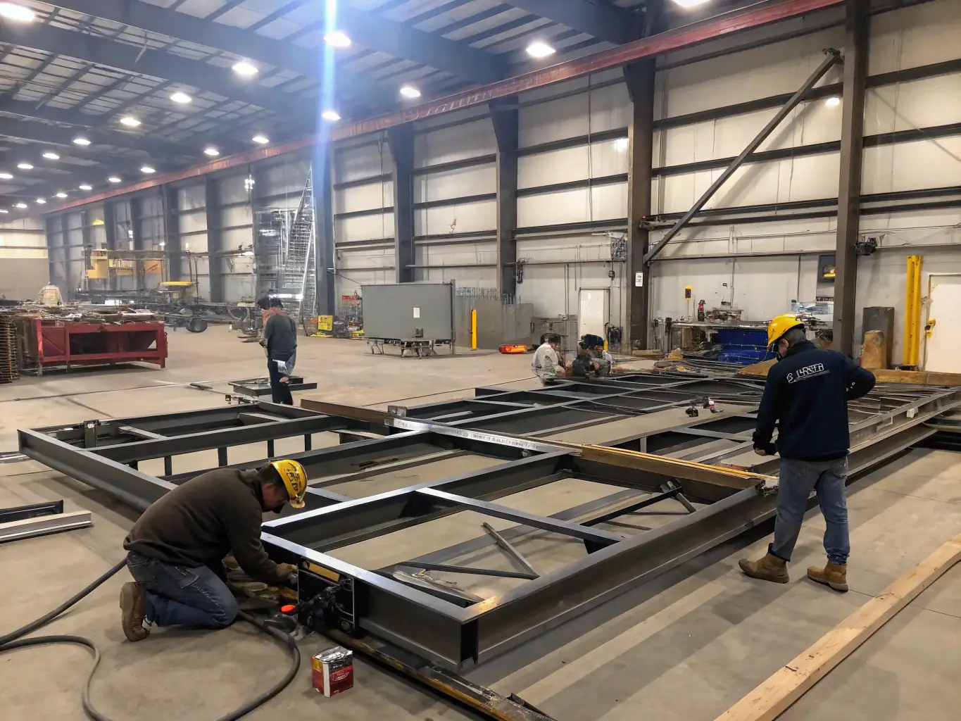 Workshop with steel components being fabricated, showcasing industrial manufacturing processes.