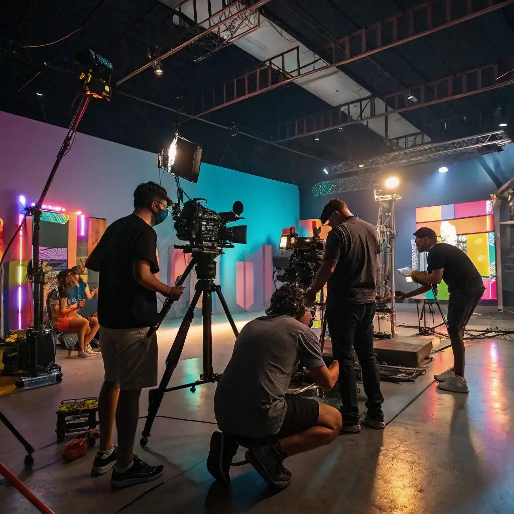 A diverse group of people collaborating on a music video set, with professional lighting and camera equipment visible.