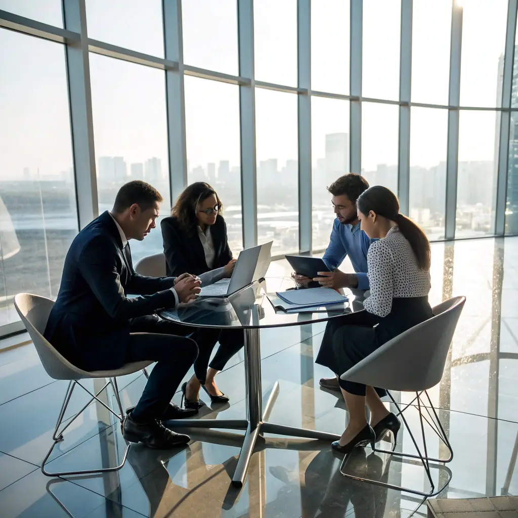 A modern office interior with consultants collaborating around a table, reviewing documents and discussing strategies, symbolizing expertise and teamwork in quality and safety systems.