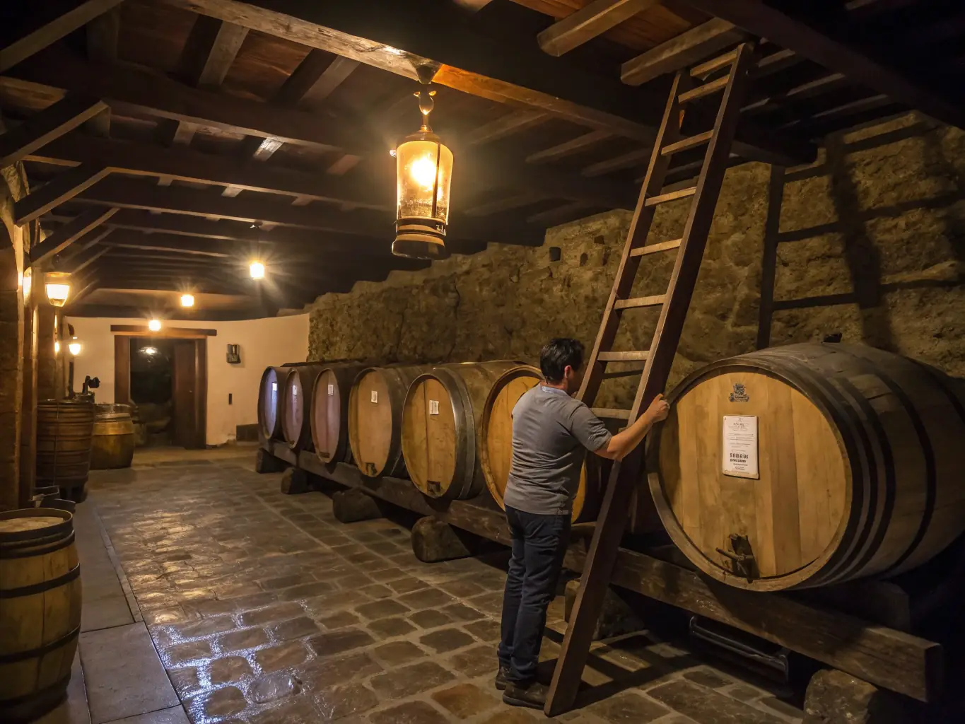 A subtle image of a wine cellar with barrels and winery interior, warm tones, refined typography, and soft fade-in animation.
