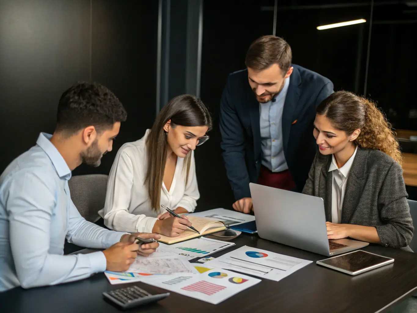 A professional team collaborating over energy strategy plans in a modern office setting.
