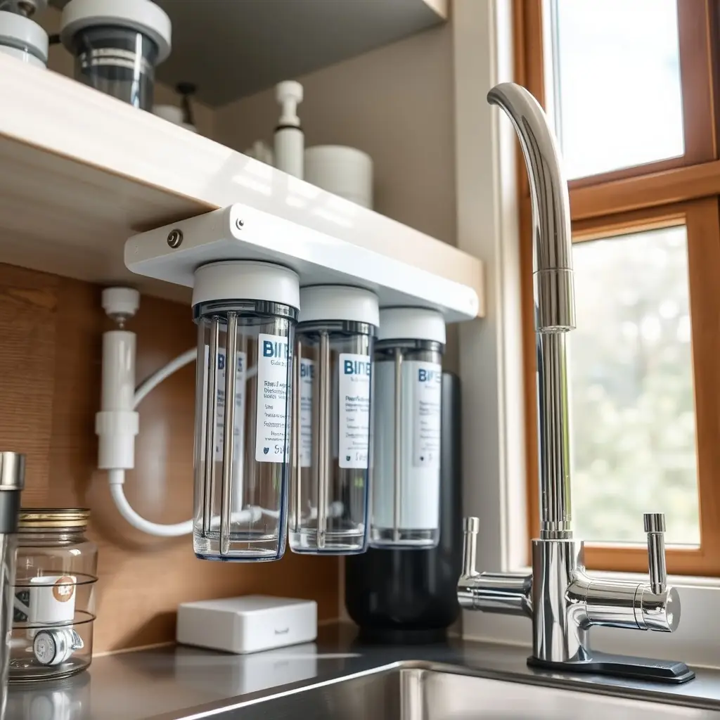 A modern reverse osmosis system installed neatly under a kitchen sink in a Queen Creek, AZ home, with a glass of clear, purified water being poured.